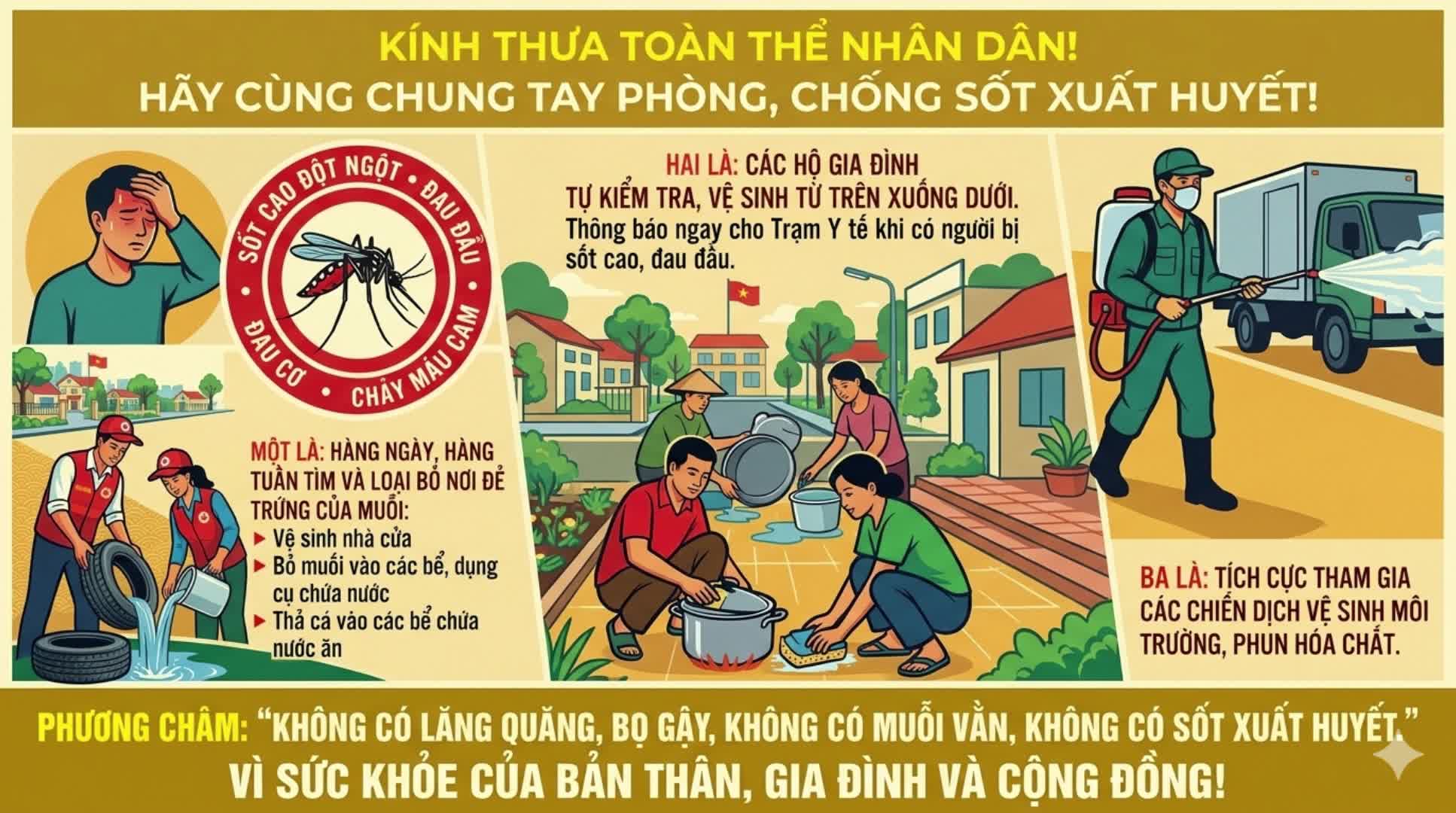 Vì sức khỏe của bản thân, gia đình và cộng đồng, hãy cùng chung tay phòng, chống bệnh sốt xuất huyết, góp phần xây dựng môi trường sống an toàn, sạch đẹp và không có dịch bệnh