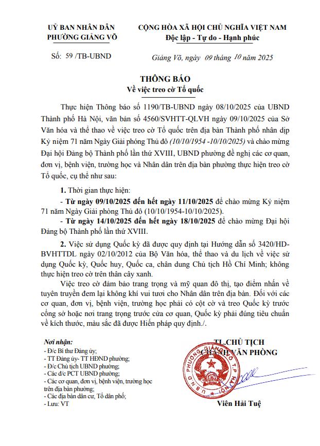 Thông báo: Treo cờ Tổ quốc kỷ niệm 71 năm Ngày Giải phóng Thủ đô (10/10/1954 -10/10/2025) và chào mừng  Đại hội Đảng bộ Thành phố lần thứ XVIII- Ảnh 1.