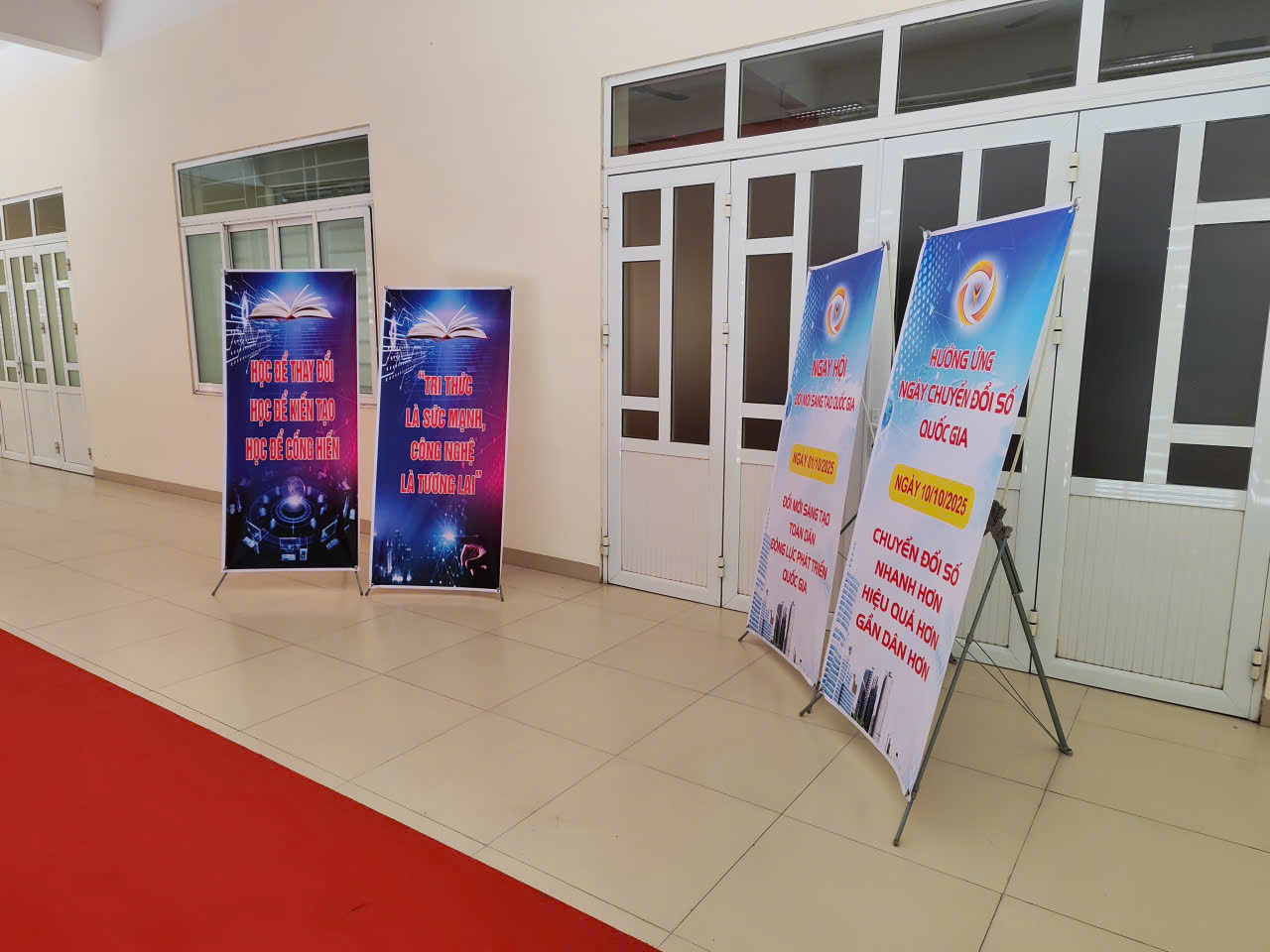 A group of banners in a hallway  AI-generated content may be incorrect.