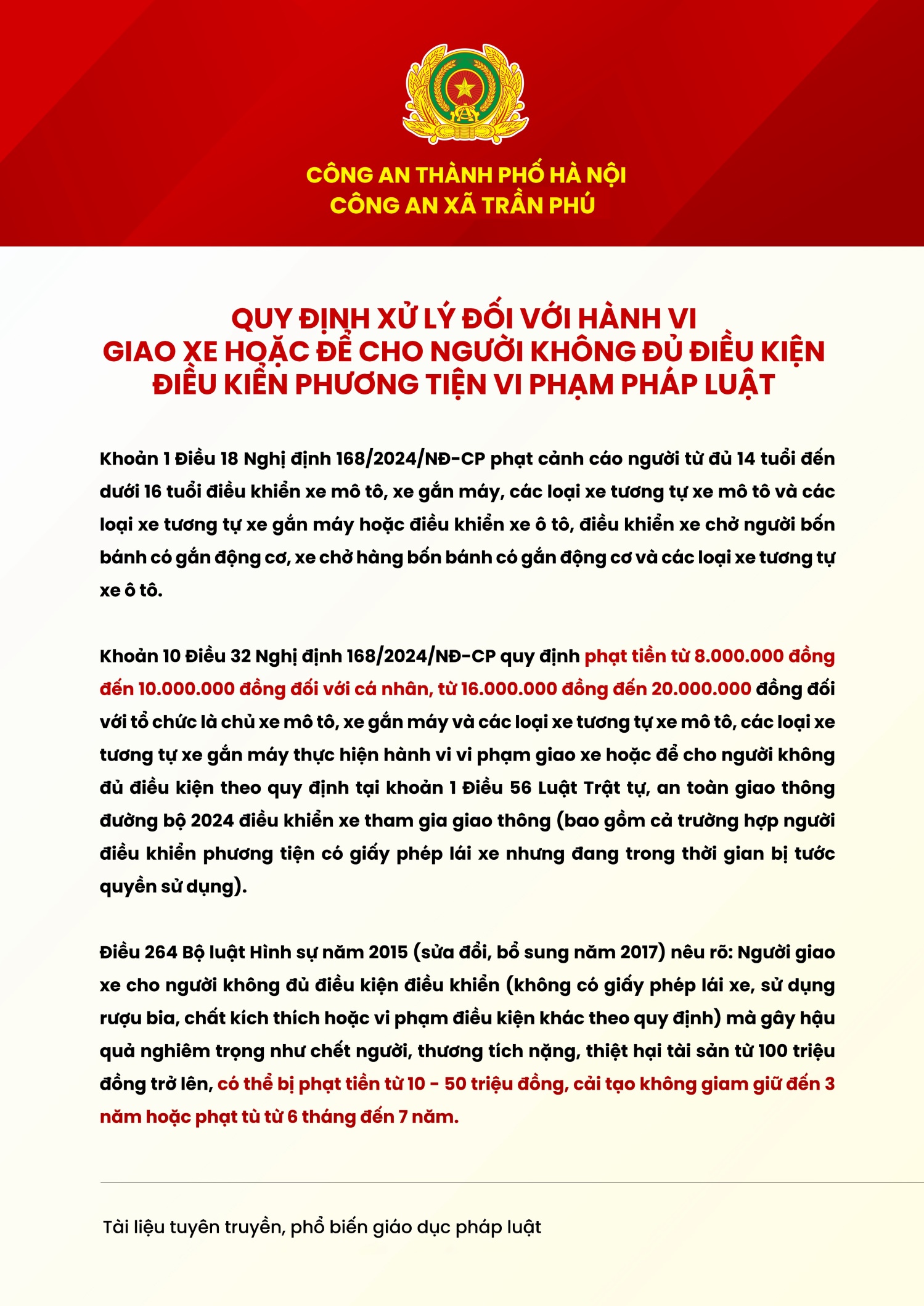 QUY ĐỊNH XỬ LÝ ĐỐI VỚI HÀNH VI GIAO XE HOẶC ĐỂ CHO NGƯỜI KHÔNG ĐỦ ĐIỀU KIỆN ĐIỀU KHIẾN PHƯƠNG TIỆN VI PHẠM PHÁP LUẬT- Ảnh 1.