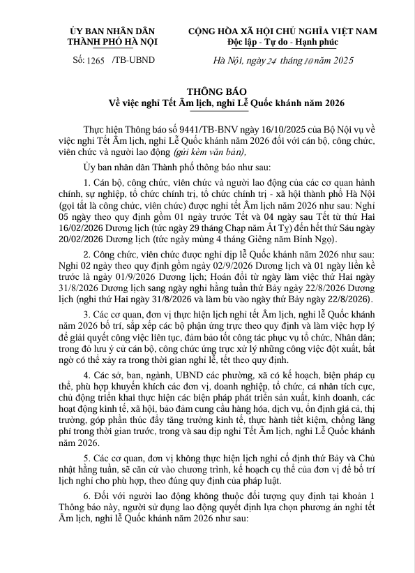 Thông báo Về việc nghỉ Tết Âm lịch, nghỉ Lễ Quốc khánh năm 2026- Ảnh 1.