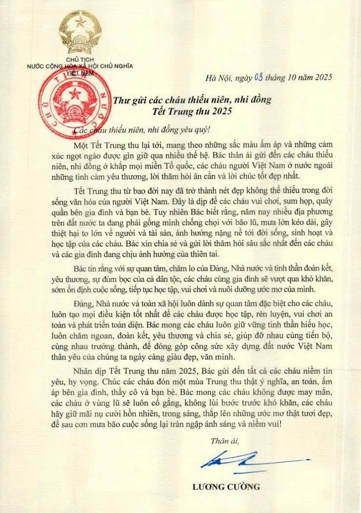 Chủ tịch nước gửi thư chúc Tết Trung thu cho các cháu thiếu niên, nhi đồng- Ảnh 2.