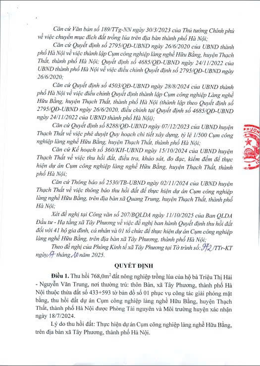 Quyết định thu hồi đất nông nghiệp để thực hiện Dự án Cụm công nghiệp làng nghề Hữu Bằng, xã Tây Phương, thành phố Hà Nội- Ảnh 2.