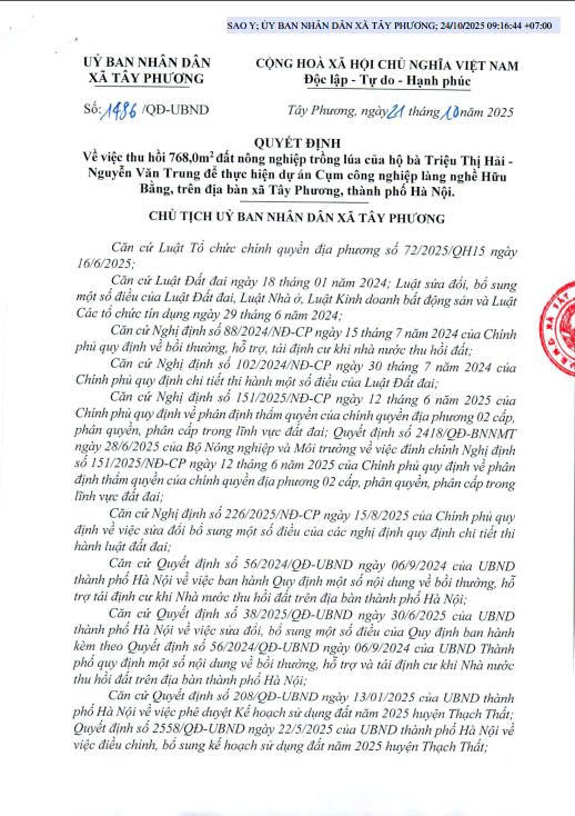 Quyết định thu hồi đất nông nghiệp để thực hiện Dự án Cụm công nghiệp làng nghề Hữu Bằng, xã Tây Phương, thành phố Hà Nội- Ảnh 1.