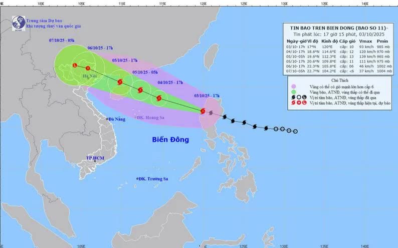 Chiều 3/10, bão Matmo đã đi vào vùng biển phía Đông khu vực Bắc Biển Đông, là cơn bão số 11 trên Biển Đông trong năm 2025. (Nguồn: Trung tâm dự báo khí tượng thủy văn Quốc gia)