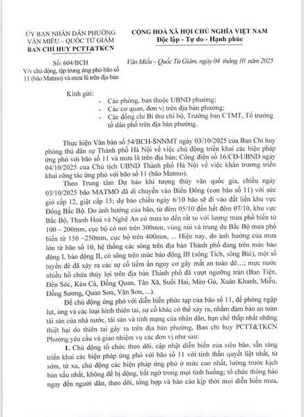 PHƯỜNG VĂN MIẾU – QUỐC TỬ GIÁM CHỦ ĐỘNG TRIỂN KHAI CÁC BIỆN PHÁP ỨNG PHÓ VỚI BÃO SỐ 11 (BÃO MATMO)- Ảnh 2.