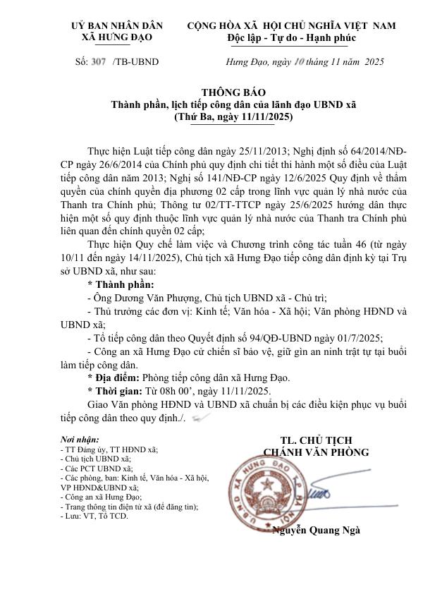 THÔNG BÁO
Thành phần, lịch tiếp công dân của lãnh đạo UBND xã (Thứ Ba, ngày 11/11/2025)- Ảnh 1.