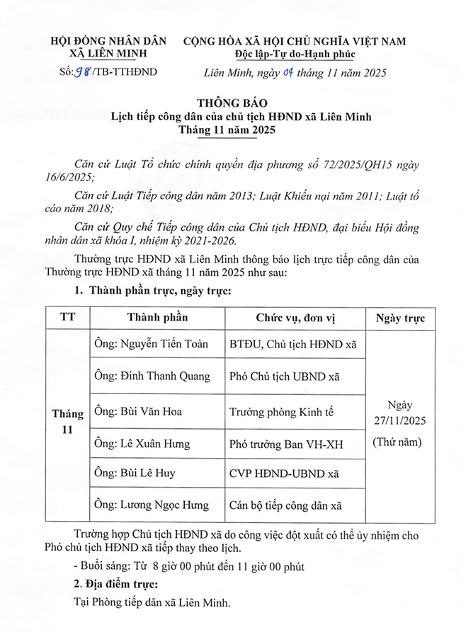 THÔNG BÁO: Lịch tiếp công dân của Chủ tịch Hội đồng nhân dân xã Liên Minh tháng 11 năm 2025- Ảnh 1.