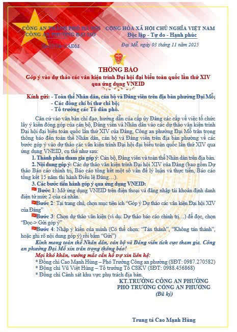 Thông báo góp ý vào dự thảo các văn kiện trình Đại hội đại biểu toàn quốc lần thứ XIV qua ứng dụng VNEID- Ảnh 1.