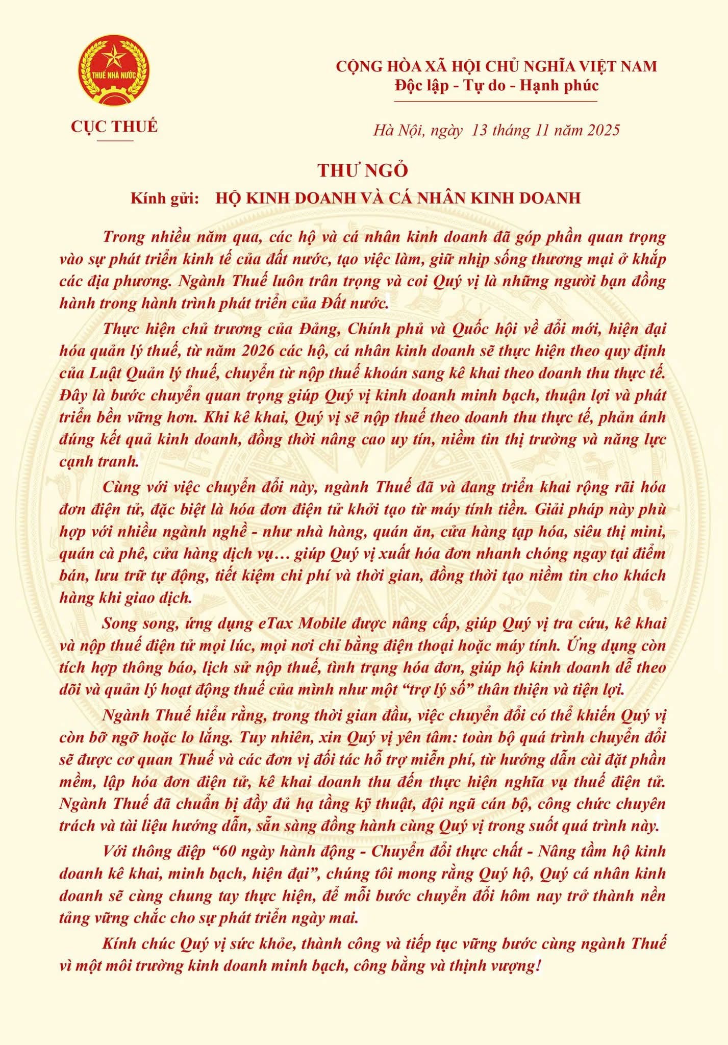 Xoá thuế khoán: Ngành Thuế gửi thư ngỏ tới hộ kinh doanh và cá nhân kinh doanh trên cả nước- Ảnh 2.