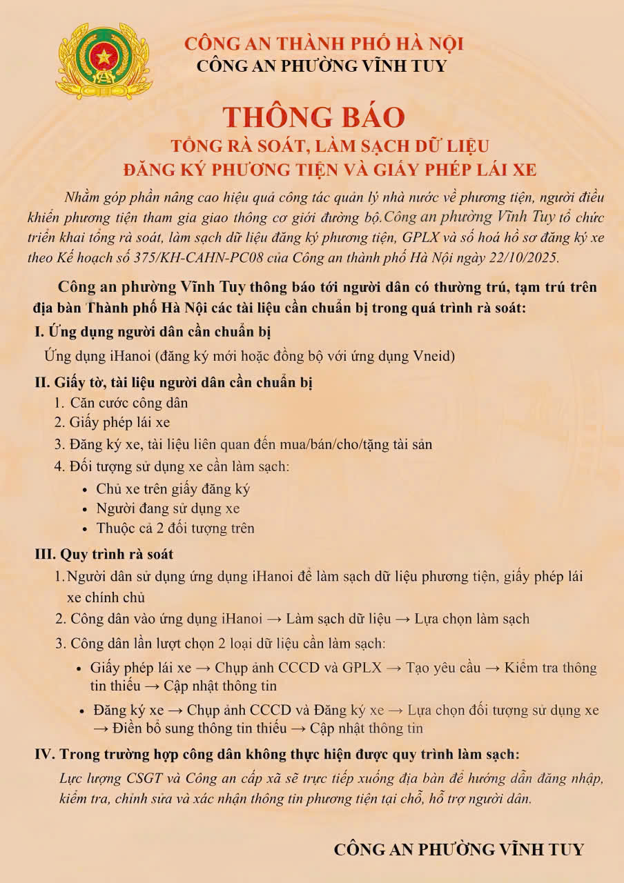 THÔNG BÁO TỔNG RÀ SOÁT, LÀM SẠCH DỮ LIỆU ĐĂNG KÝ PHƯƠNG TIỆN VÀ GIẤY PHÉP LÁI XE- Ảnh 1.