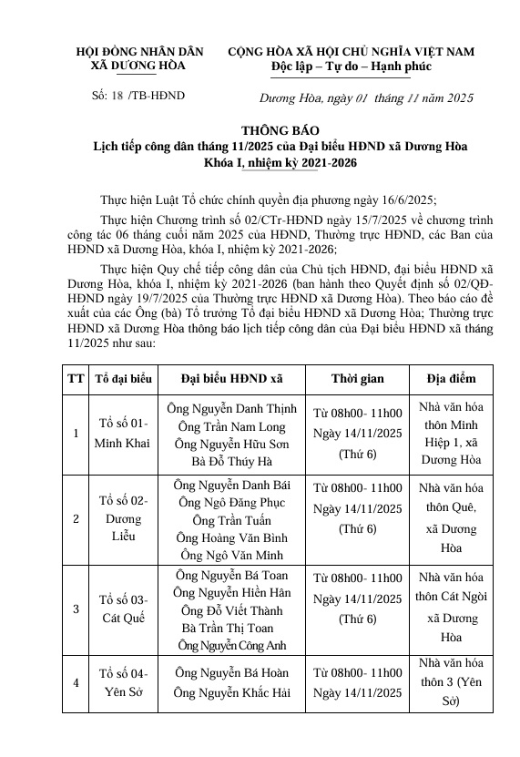 Lịch tiếp công dân tháng 11/2025 của Đại biểu HĐND xã Dương Hòa Khóa I, nhiệm kỳ 2021 - 2026- Ảnh 1.