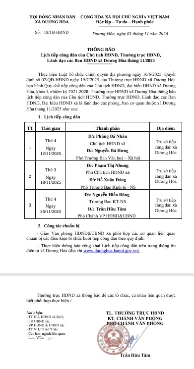 Thông báo Lịch tiếp công dân của Chủ tịch HĐND, Thường trực HĐND, Lãnh đạo các ban HĐND xã Dương Hòa tháng 11/2025- Ảnh 1.