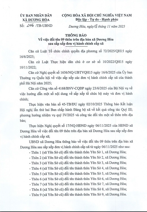 Thông báo về việc đổi tên 9 thôn trên địa bàn xã Dương Hòa sau sắp xếp đơn vị hành chính cấp xã- Ảnh 1.