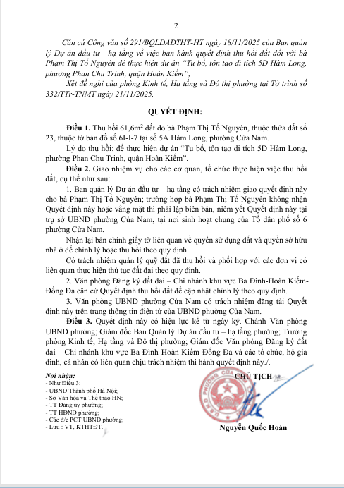 Quyết định việc thu hồi đất để thực hiện dự án "Tu bổ, tôn tạo di tích 5D Hàm Long, phường Phan Chu Trinh, quận Hoàn Kiếm- Ảnh 2.