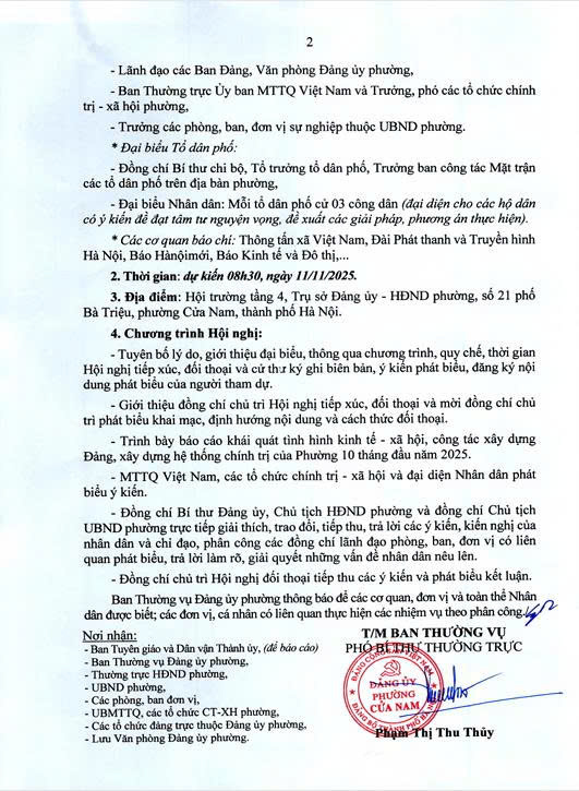 Thông báo: tổ chức hội nghị đối thoại giữa đồng chí Bí thư Đảng ủy, Chủ tịch HĐND phường và đồng chí Chủ tịch UBND phường với MTTQ, các tổ chức chính trị - xã hội và Nhân dân trên địa bàn năm 2025- Ảnh 2.