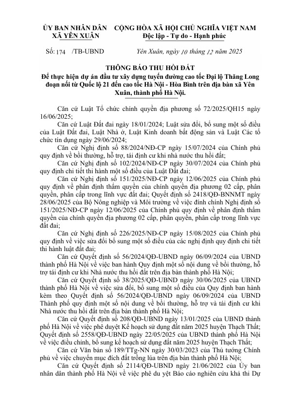 THÔNG BÁO THU HỒI ĐẤT ĐỂ THỰC HIỆN ĐẦU TƯ XÂY DỰNG ĐƯỜNG CAO TỐC ĐẠI LỘ THĂNG LONG ĐOẠN NỐI TỪ QL 21 ĐẾN CAO TỐC HÀ NỘI - HOÀ BÌNH TRÊN ĐỊA BÀN XÃ YÊN XUÂN- Ảnh 1.