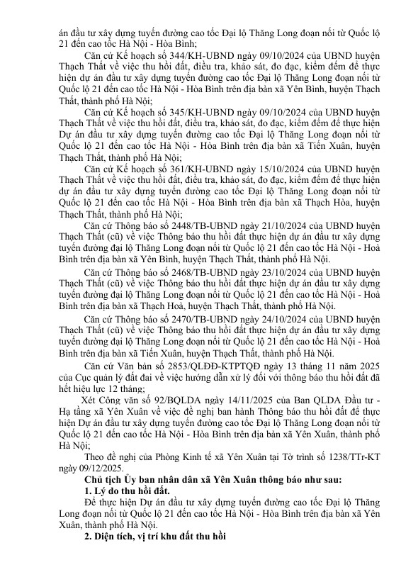 THÔNG BÁO THU HỒI ĐẤT ĐỂ THỰC HIỆN ĐẦU TƯ XÂY DỰNG ĐƯỜNG CAO TỐC ĐẠI LỘ THĂNG LONG ĐOẠN NỐI TỪ QL 21 ĐẾN CAO TỐC HÀ NỘI - HOÀ BÌNH TRÊN ĐỊA BÀN XÃ YÊN XUÂN- Ảnh 2.