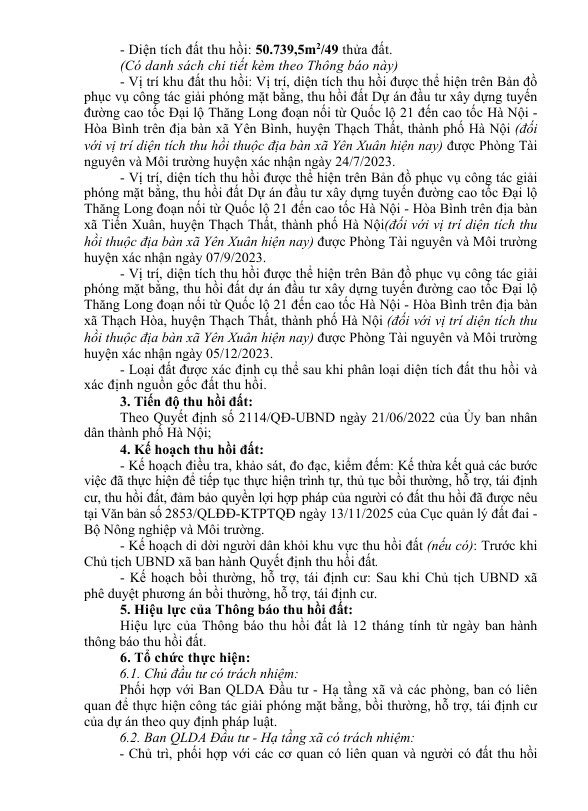THÔNG BÁO THU HỒI ĐẤT ĐỂ THỰC HIỆN ĐẦU TƯ XÂY DỰNG ĐƯỜNG CAO TỐC ĐẠI LỘ THĂNG LONG ĐOẠN NỐI TỪ QL 21 ĐẾN CAO TỐC HÀ NỘI - HOÀ BÌNH TRÊN ĐỊA BÀN XÃ YÊN XUÂN- Ảnh 3.