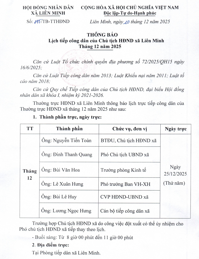 Thông báo Lịch tiếp công dân của Chủ tịch HĐND xã Liên Minh- Ảnh 1.