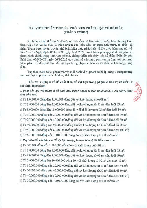 QUY ĐỊNH XỬ PHẠT VI PHẠM HÀNH CHÍNH TRONG LĨNH VỰC PHÒNG CHỐNG THIÊN TAI, THỦY LỢI, ĐÊ ĐIỀU- Ảnh 1.