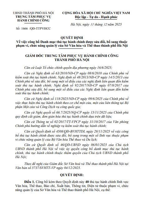 Quyết định số 1666/QĐ-TTPVHCC ngày 11/12/2025 của Trung tâm phục vụ Hành chính công Thành phố Hà Nội- Ảnh 1.