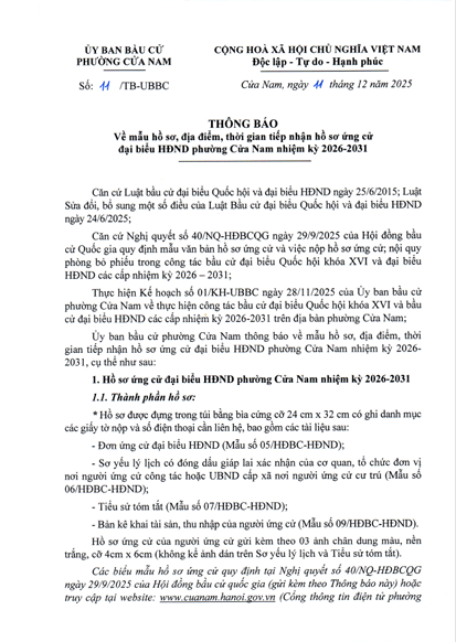 Thông báo: về mẫu hồ sơ , địa điểm, thời điểm tiếp nhận hồ sơ ứng cử đại biểu HĐND phường cửa Nam nhiệm kỳ 2026 - 2031- Ảnh 1.