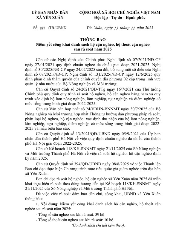 Thông báo niêm yết công khai danh sách hộ cận nghèo, hộ thoát cận nghèo sau rà soát năm 2025- Ảnh 1.