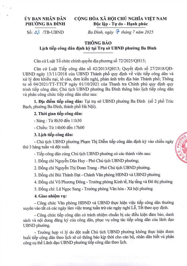 Thông báo lịch tiếp công dân định kỳ tại Trụ sở UBND phường Ba Đình- Ảnh 1.
