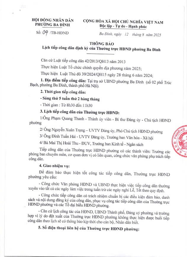 Thông báo: Lịch tiếp công dân định kỳ của Thường trực HĐND phường Ba Đình- Ảnh 1.