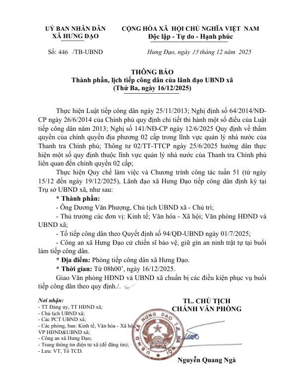 THÔNG BÁO
Thành phần, lịch tiếp công dân của lãnh đạo UBND xã
(Thứ Ba, ngày 16/12/2025)- Ảnh 1.