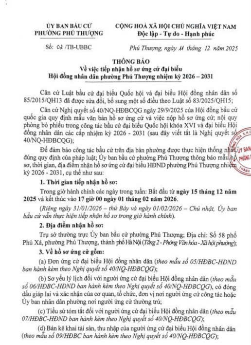 Thông báo của Ủy ban bầu cử phường Phú Thượng- Ảnh 1.
