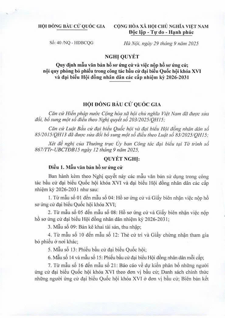 Nghị quyết số 40/NQ-HĐBCQG của Hội đồng Bầu cử Quốc gia về ứng cử đại biểu Quốc hội khoá XVI và đại biểu HĐND các cấp nhiệm kỳ 2026 – 2031- Ảnh 1.