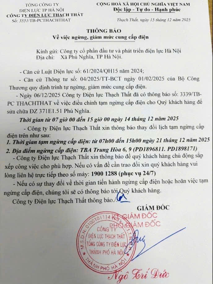 Thông báo về việc ngừng, giảm mức cung cấp điện- Ảnh 1.
