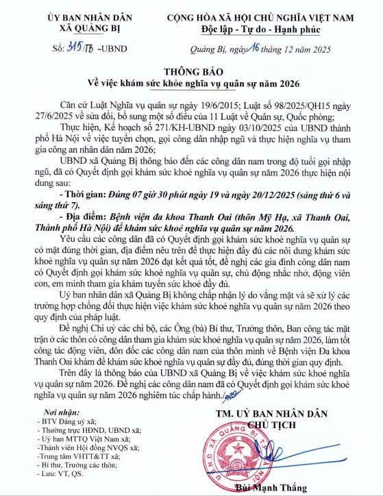 Thông báo lịch khám sức khoẻ nghĩa vụ quân sự năm 2026 - Ảnh 1.