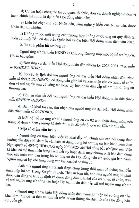 Thông báo tiếp nhận hồ sơ ứng cử Đại biểu HĐND xã Chương Dương nhiệm kỳ 2026-2031- Ảnh 2.
