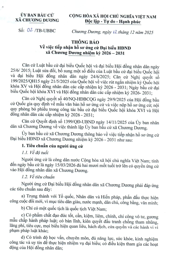 Thông báo tiếp nhận hồ sơ ứng cử Đại biểu HĐND xã Chương Dương nhiệm kỳ 2026-2031- Ảnh 1.