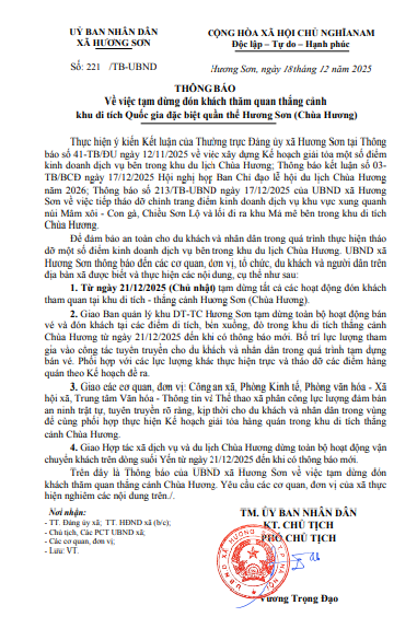 THÔNG BÁO
Về việc tạm dừng đón khách thăm quan thắng cảnh
khu di tích Quốc gia đặc biệt quần thể Hương Sơn (Chùa Hương)- Ảnh 1.