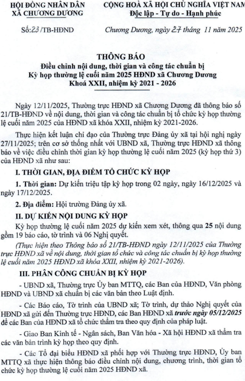 Thông báo điều chỉnh nội dung thời gian và công tác chuẩn bị Kỳ họp thường lệ cuối năm 2025 HĐND xã Chương Dương Khoá XXII, nhiệm kỳ 2021 - 2026- Ảnh 1.