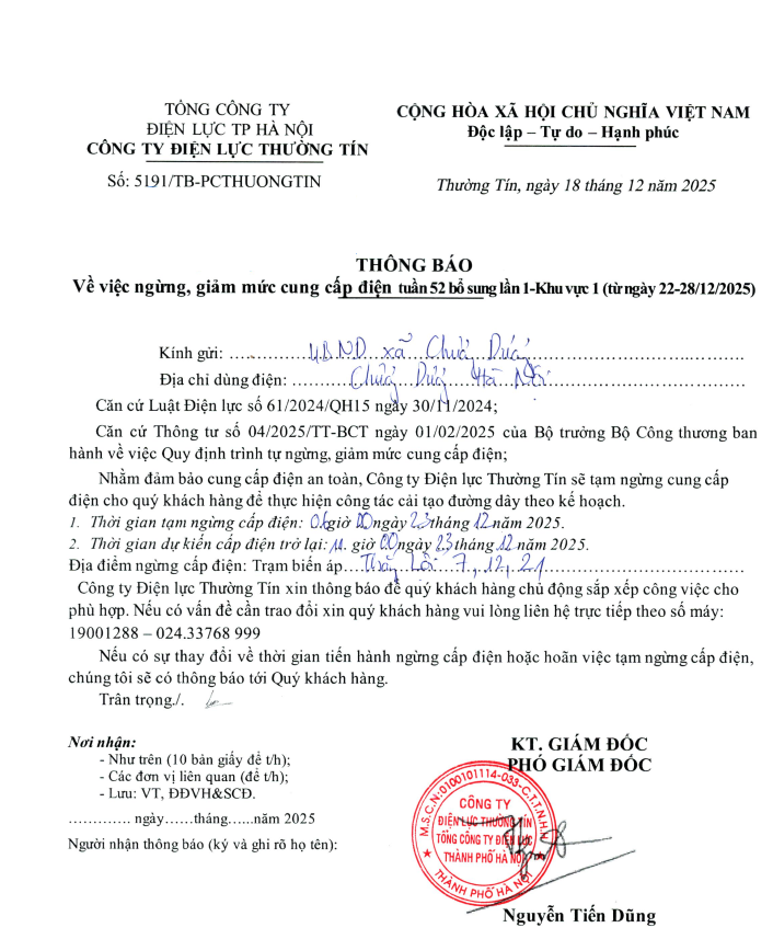 Thông báo về việc ngừng, giảm mức cung cấp điện tuần 52 (từ ngày 22/12/2025 - 28/12/2025)- Ảnh 1.
