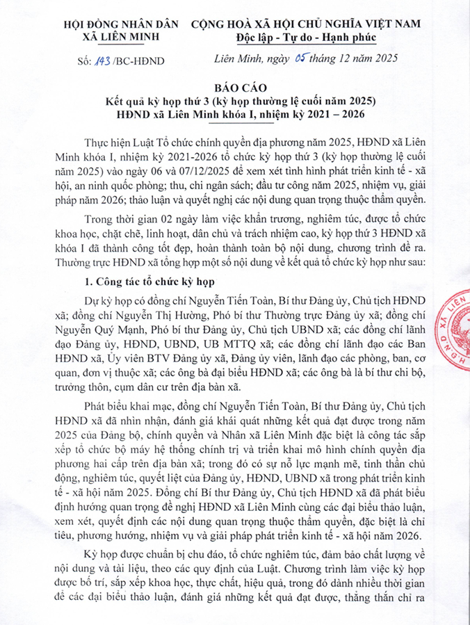 Báo cáo kết quả kỳ họp thứ 3 (kỳ họp thường lệ cuối năm 2025) HĐND xã Liên Minh khóa I, nhiệm kỳ 2021-2026- Ảnh 1.