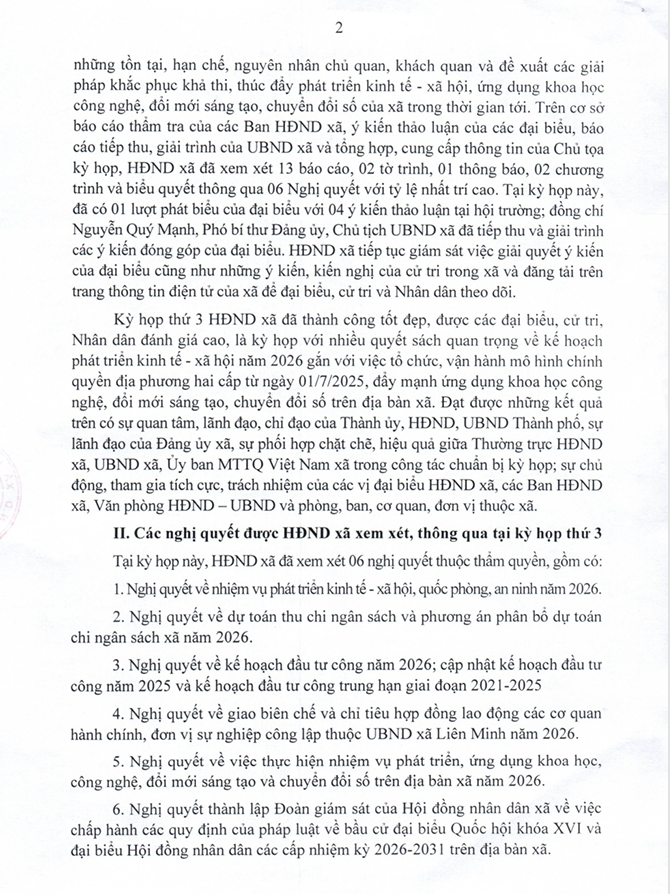 Báo cáo kết quả kỳ họp thứ 3 (kỳ họp thường lệ cuối năm 2025) HĐND xã Liên Minh khóa I, nhiệm kỳ 2021-2026- Ảnh 2.