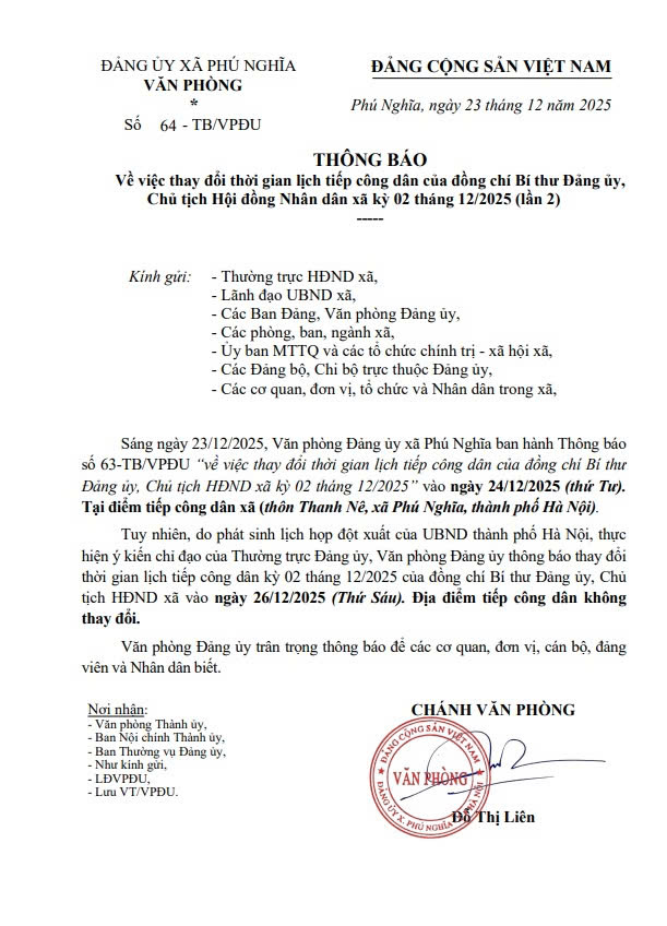 Thông báo về việc thay đổi thời gian lịch tiếp công dân của đồng chí Bí thư Đảng ủy, Chủ tịch HĐND xã kỳ 02 tháng 12/2025- Ảnh 1.