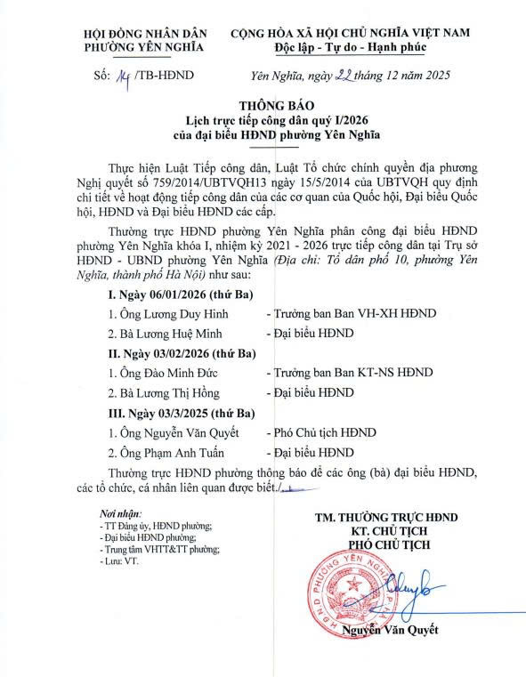 THÔNG BÁO Lịch trực tiếp công dân quý I/2026 của đại biểu HĐND phường Yên Nghĩa- Ảnh 1.