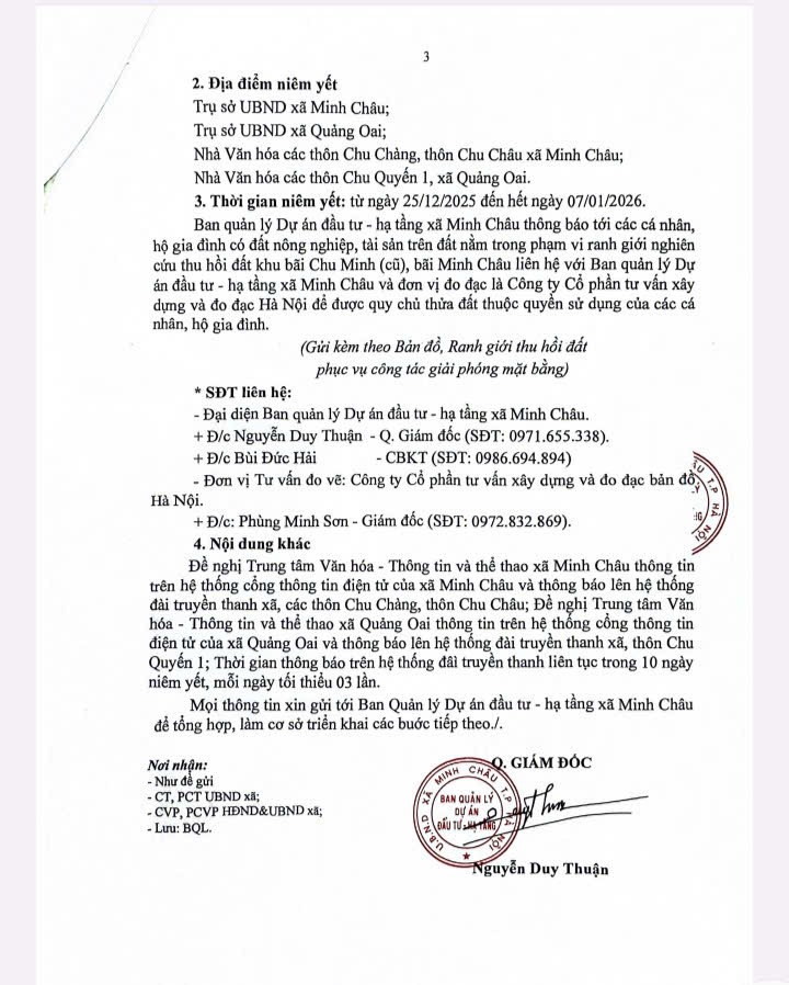 Thông báo của UBND xã Minh Châu về việc niêm yết công khai bản đồ hiện trạng phục vụ công tác giải phóng mặt bằng, hỗ trợ tái định cư thực hiện Dự án khai thác khoáng sản tại mỏ cát Tây Đằng - Minh Châu.- Ảnh 7.