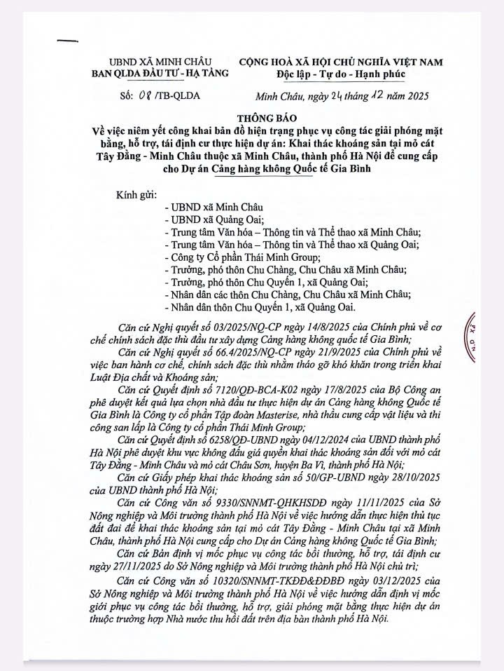 Thông báo của UBND xã Minh Châu về việc niêm yết công khai bản đồ hiện trạng phục vụ công tác giải phóng mặt bằng, hỗ trợ tái định cư thực hiện Dự án khai thác khoáng sản tại mỏ cát Tây Đằng - Minh Châu.- Ảnh 5.