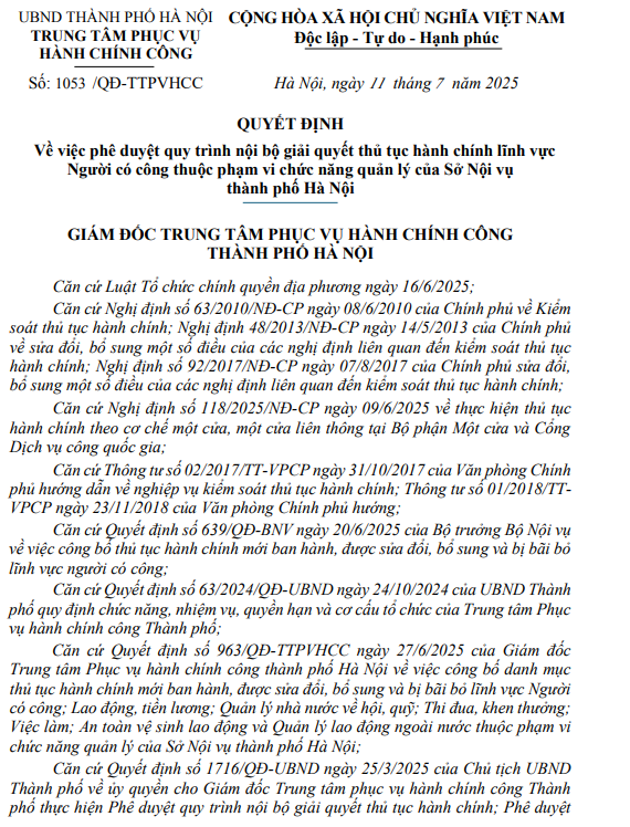 Quyết định về việc phê duyệt quy trình nội bộ giải quyết TTHC lĩnh vực Người có công thuộc phạm vi chức năng quản lý của Sở Nội vụ Thành phố Hà Nội- Ảnh 1.