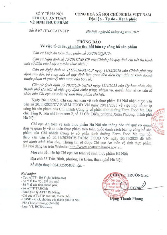 THÔNG BÁO
Về việc tổ chức, cá nhân thu hồi bản tự công bố sản phẩm- Ảnh 1.