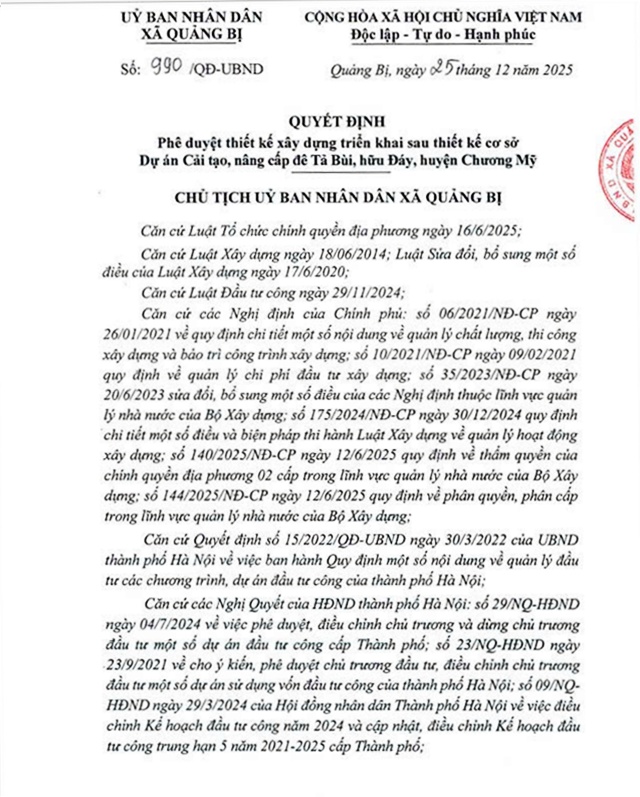 Quyết định Phê duyệt thiết kế xây dựng triển khai sau thiết kế cơ sở Dự án Cải tạo nâng cấp đê Tả Bùi, hữu Đáy huyện Chương Mỹ.- Ảnh 1.