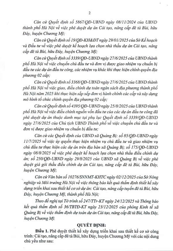 Quyết định Phê duyệt thiết kế xây dựng triển khai sau thiết kế cơ sở Dự án Cải tạo nâng cấp đê Tả Bùi, hữu Đáy huyện Chương Mỹ.- Ảnh 2.